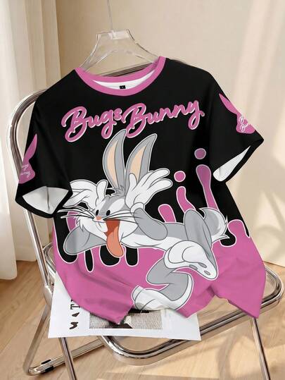 LOONEY TUNES X SHEIN Kaos Wanita Kasual Motif Kartun Blok Warna, Musim Panas
