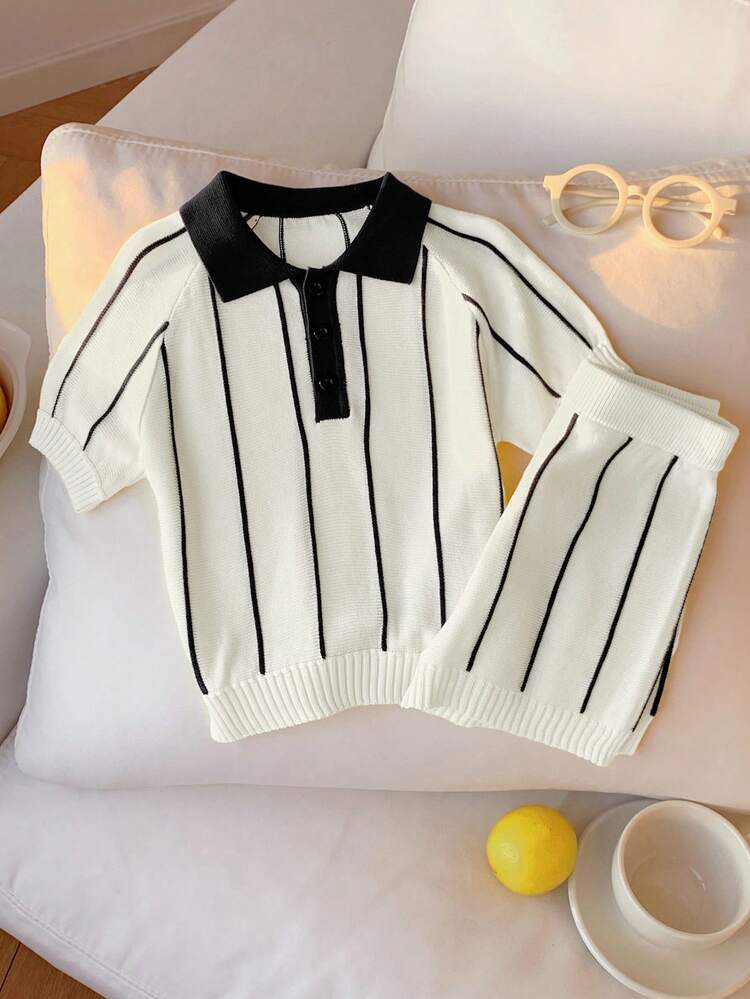SHEIN 2pcs/Set Baby Boy Baby Girl Summer Casual Yellow Striped Polo Set, Knit Set, Knitted Set, Cooling Set, Baby Boy Toddler Set - Multicolor - View 4