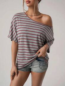 SHEIN ICON 女款休閒不對稱肩短袖條紋上衣 - 彩色 - 查看 6