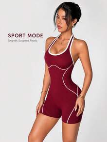 Easithlete Easithlete 1件酒紅色對比線條掛脖式連身褲，露背提臀瑜伽健身連身褲，柔軟舒適貼身，適合運動、跑步、休閒、瑜伽 - 酒紅色 - 查看 8