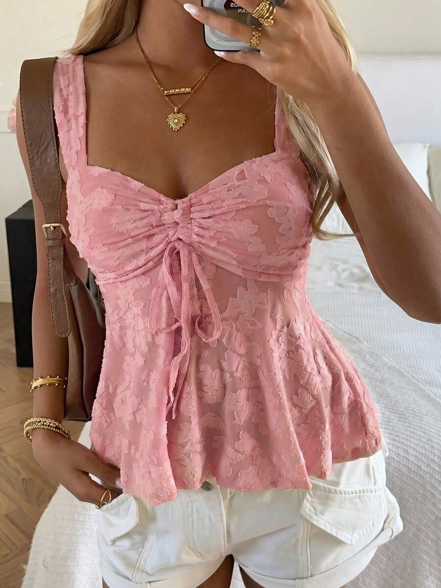 SHEIN EZwear 女士系带褶皱休闲百搭日常上衣 - 藕粉色 - 查看 1