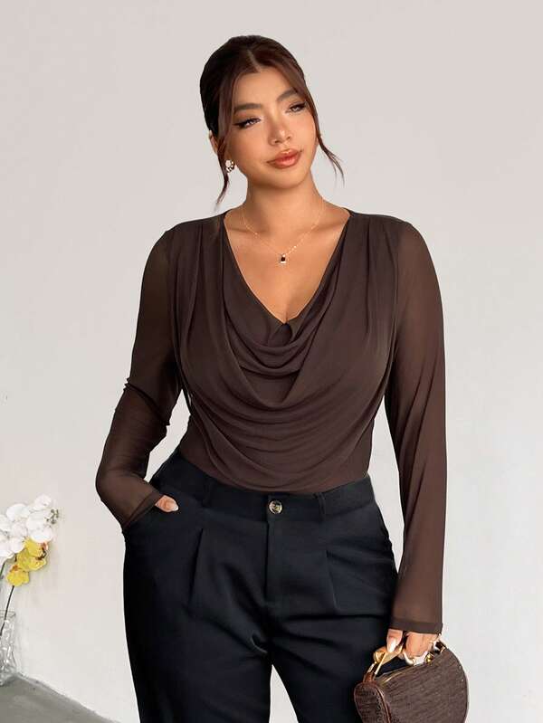 Firerie Plus Size Women's Solid Color Cowl Neck Casual Versatile Daily Outing Long Sleeve Brown T-Shirt Autumn Elegant Work Office Formal