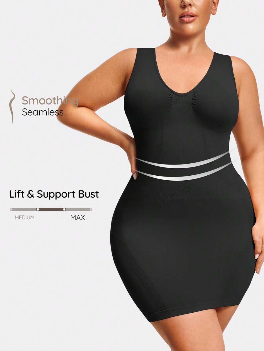 SHAPORA Plus Size Solid Color Sleeveless Seamless Bodycon Dress - Black - View 1