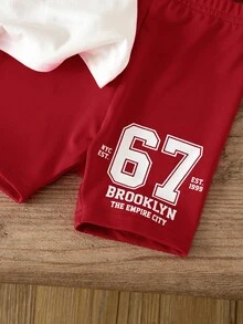 SHEIN 女嬰運動休閒針織字母印花短袖T恤與短褲套裝 - 紅色 - 查看 7