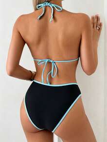 Swim Vcay 女款兩件式比基尼泳衣套裝，掛脖綁帶，荷葉邊花卉印花，時尚休閒度假泳裝 - 彩色 - 查看 2
