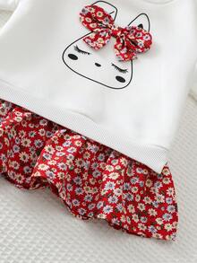 Cozy Pixies Baby Girl Cartoon Rabbit Pattern 3D Bow Decor Knitted Soft 2 In 1 Round Neck Long Sleeve Floral Patchwork Autumn Dress - Multicolor - View 6