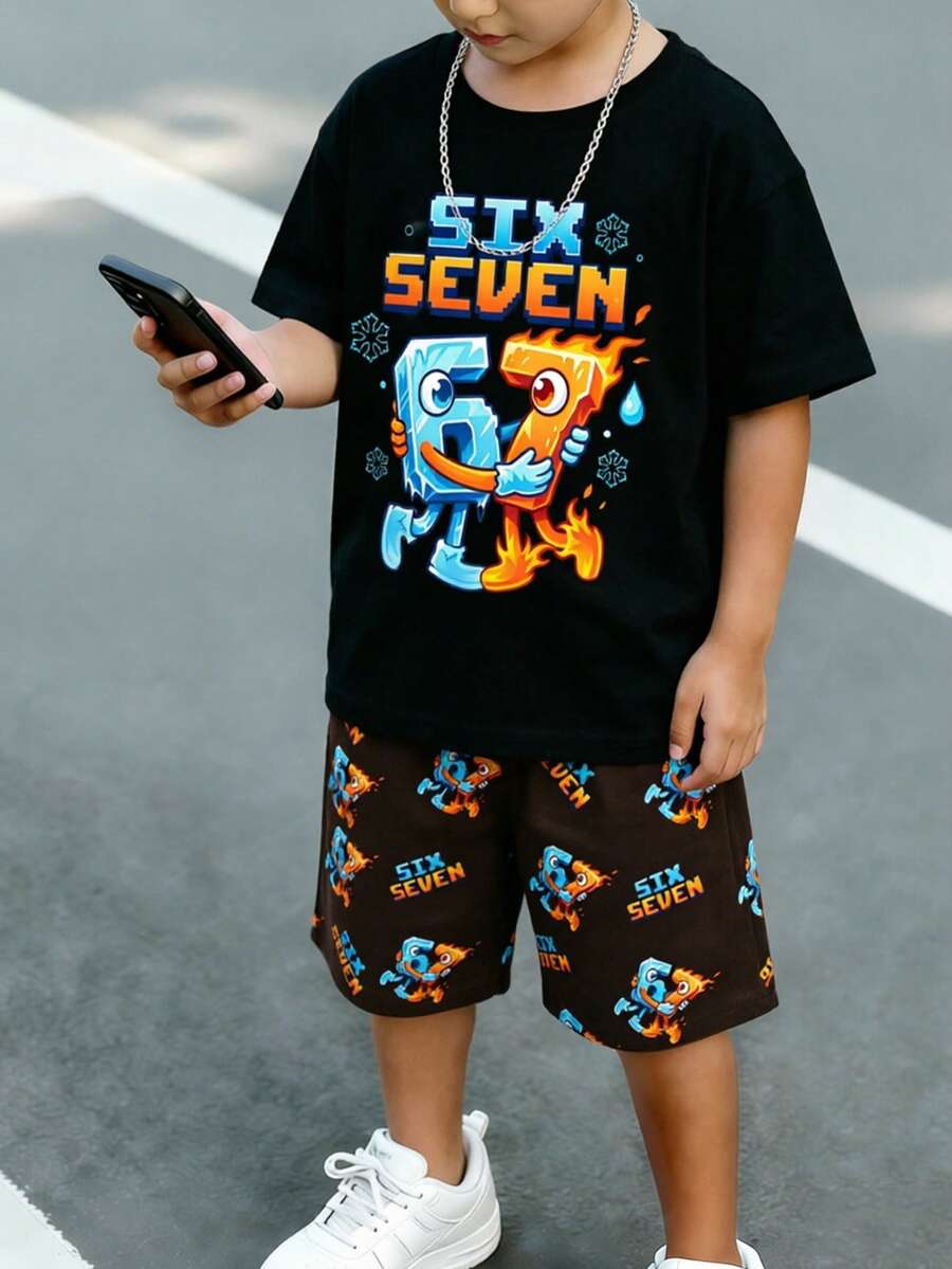 SHEIN Coolqubz 两件套幼儿男童休闲创意数字67卡通雪花水滴印花短袖T恤和短裤,舒适日常穿着,适合春夏季节。 - 彩色 - 查看 1