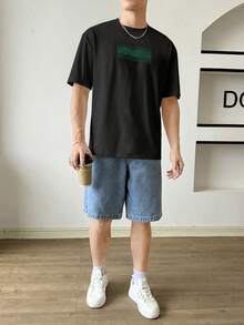 SWAVVY Loose Men's Elastic Knit T-Shirt With Slogan Print - Black - View 3