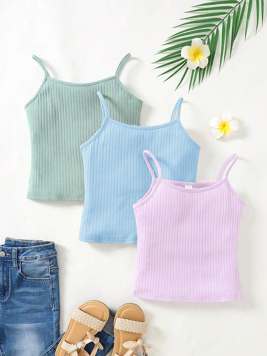 SHEIN Kids Tween Girl Sports Street Style Knit Solid Color Camisole Tank Top 3pcs Set - Multicolor - View 1