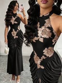 Modelyn Brown Mesh Jacquard Embroidered Backless Halter Neck Slim Fit Ruched Gathered Design Fashionable Elegant Long Dress - Black and Gold - View 2
