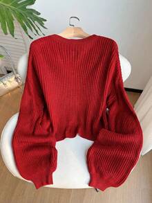SHEIN EZwear 大尺碼女款紅色單排扣休閒針織開襟外套 - 紅色 - 查看 2