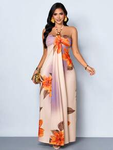 SOLERSUN Women's Casual & Sexy Sleeveless Halter-Neck Backless Maxi Dress - Featuring Beaded Accents, Ombre Gradient, And Large Floral Print. A Stylish Summer-Vibe Dress, Perfect For Vacations, Mother's Day, Beach Parties, And Elegant Resort Wear. - Apricot - View 5