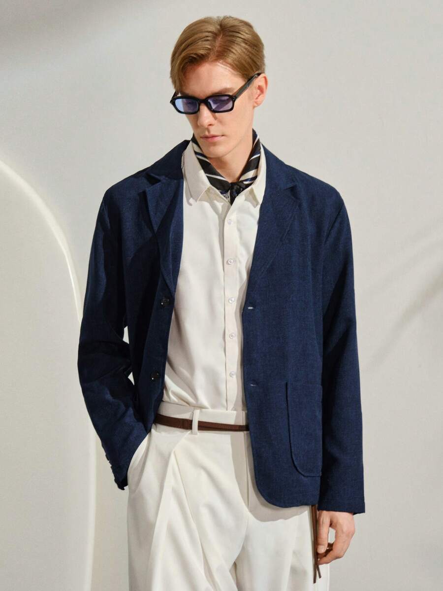 VeloEdit Blue Navy Men's Suit Blazer, Casual Commuter, Minimalist Daily Wear Top, Formal Old Money Summer Vacation Style Gift And - Navy Blue - View 1