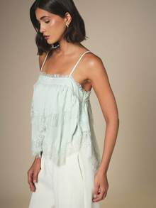 KSTM Top de verano con tirantes de encaje, cuello cuadrado, volantes escalonados y fluido para fiestas - Verde - Ver 1
