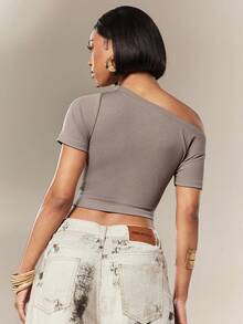 Denimoi Everyday Wear Off Shoulder Top Easy Wear One Shoulder Top Fashion Top Summer Elevated Basic - Grey - View 5