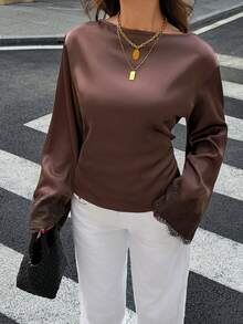 Siren Gaze New Autumn Women's Dark Brown Satin Lace-Panel Long-Sleeve Shirt With Flared Sleeves Sophisticated Style For Work Dinner Date Office Party Elegant - Brown - View 5