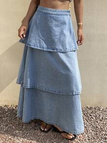 Livesso Women's Loose Ruffled Denim A-Line Skirt - Blue - View 3