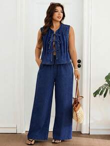Lounesse Setelan Dua Potong Denim Kasual Wanita Ukuran Plus dengan Rompi dan Celana Bertali Depan - Dark Wash - View 5