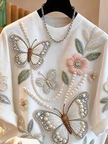 Franclia Plus Size Women Versatile Butterfly & Flower Graphic Round Neck Short Sleeve T-Shirt - White - View 4