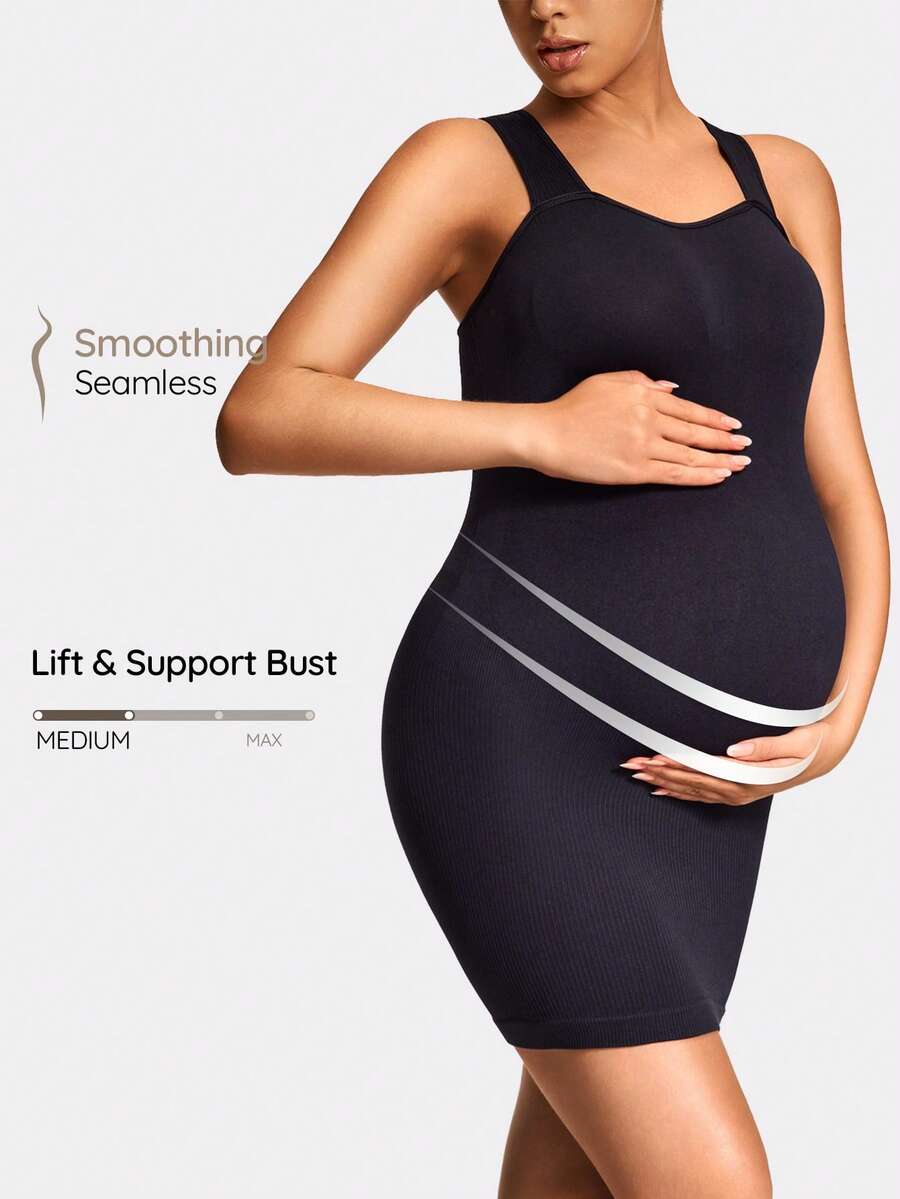 SHAPORA Seamless Maternity Mid Thigh Bodysuit Pregnancy Shapewear Body Shaper Butt Lifter With Adjustable Straps-Accommodate Growing Tummy&Waist - Black - View 1