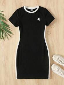 SHEIN 少女蝴蝶结印花黑白撞色修身休闲日常连衣裙 - 黑與白 - 查看 3