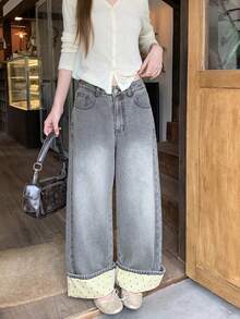FRIFUL Women's Pocket Wide Leg Loose Casual Versatile Denim Jeans - Blue - View 5