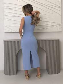 Jemour Elegant Business Casual Vintage Romantic Vacation Sleeveless V-Neck Waisted Pleated Fitted Solid Color Midi Bodycon Dress For Women Summer - Blue - View 2