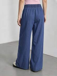 SHEIN 青少年女孩牛仔長褲，夏季新品，時尚休閒風，中藍色牛仔，彈性腰帶搭配抽褶設計，寬鬆直筒版型，輕量柔軟冰絲細棉牛仔面料，舒適親膚，時尚女孩必備，簡約休閒適合夏季穿著，百搭適用於日常拍照、購物、出遊、聚會、音樂節、度假等，2026年新品青少年女孩牛仔長褲 - 中等水洗藍 - 查看 2