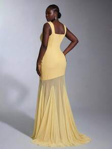 Elitara Gaun Bridesmaid Transparan Ukuran Plus Elegan Romantis Warna Kuning dengan Leher Persegi dan Bahan Jala Elastis Tinggi, Model Bodycon dan Hem Ekor Ikan - Kuning - View 3