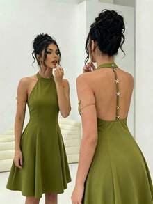 Elenzga Women's Elegant Vacation & Commute Halter Backless Solid Color A-Line Dress, Suitable For Spring And Summer - Green - View 7