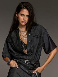 BAD SUNDAY Women's Mid-Sleeve Waist-Cinching Wide-Leg Short Sleeve Jumpsuit, Y2K Streetwear, Commute, Outing Night Out, Vacation, Dark Grey Summer - Black - View 3