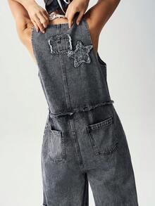 Bohemela Summer Casual Loose Dark Grey 90% Cotton Snow Washed Five-Pointed Star Applique Embroidered Loose Denim Overalls - Multicolor - View 7