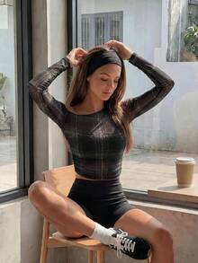 SHEIN Unity 夏季休闲长袖露肩上衣，适合女士参加音乐会或外出穿着，印花图案，时尚百搭。 - 黑色 - 查看 4
