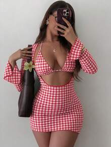 Swim SXY 春夏三件式性感彩色鏤空條紋罩衫三角比基尼套裝女款泳衣 - 紅色 - 查看 2