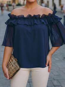 Velvienne Áo blouse nữ size lớn dệt kiểu regular fit mùa hè phong cách Pháp vintage thanh lịch đi làm trễ vai bèo nhún voan chiffon tay ngắn màu xanh - Nhiều màu - Xem 4