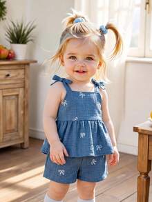 SHEIN Vintaside Kids 2件組女嬰可調節蝴蝶結肩帶白色刺繡風背心上衣搭配同色系寬鬆短褲，活動自在，適合日常散步、夏季野餐、海邊度假 - 藍色 - 查看 3