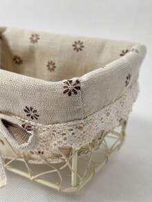 Haus Hana 1PC Rustic Farmhouse Wire Storage Basket With Handle Metal Iron Frame With Floral Linen Liner Lace Bow Decor Removable Lining Multi-Purpose Organizer Bin For Sundries Snacks Cosmetics Ideal For Home Kitchen Bathroom Picnic Perfect Gift - Multicolor - View 6