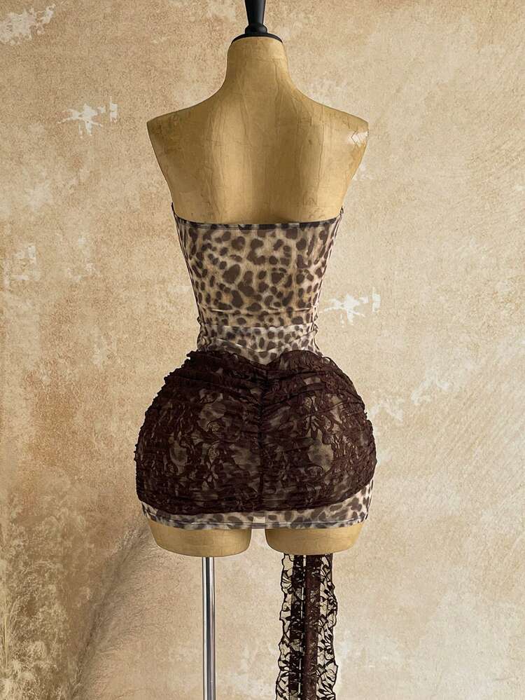 Soleia New Lace Twist Bandeau Vintage Sexy Brown Sheer Drawstring Hem Bodycon Mini Dress For Party Night Out Club, Banquet, Boho Style, Bohemian, Vacation - Multicolor - View 2