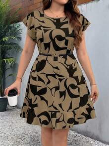 Reflora Plus Size Women's Geometric Print Round Neck Ruffle Sleeve Casual Elegant Dress Office Brunch Black Summer - Brown - View 1