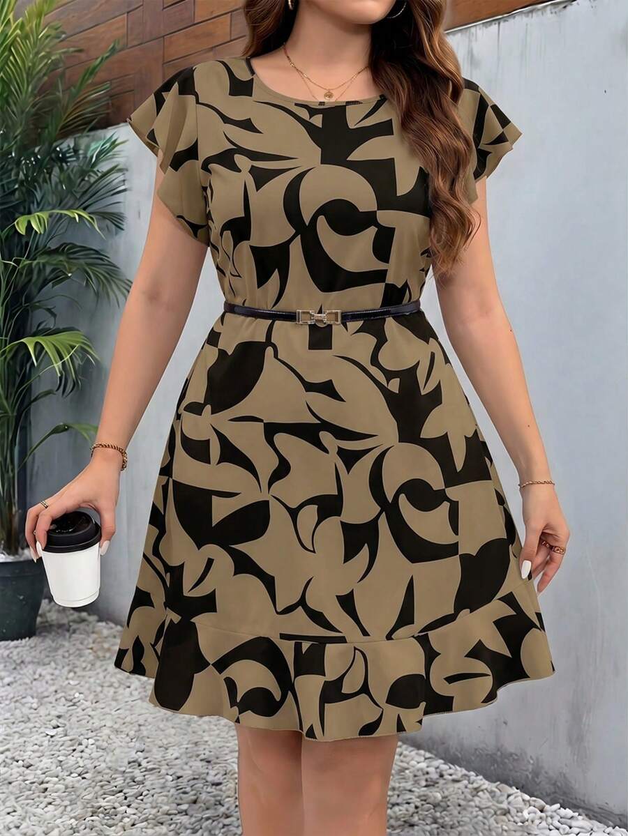 Reflora Plus Size Women's Geometric Print Round Neck Ruffle Sleeve Casual Elegant Dress Office Brunch Black Summer - Brown - View 1