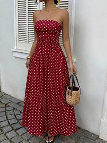 GalTyme Plus Size Women's Summer Beach Vacation Polka Dot Print Ruched Waist Bandeau Dress - Burgundy - View 6