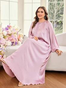 Al Najma Abito casual ampio da donna con maniche a spalla scoperta, di colore unito, adatto per la primavera/estate, taglie comode, stile arabo - Viola malva - Visualizzare 7