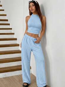 SHEIN EZwear 蓝色针织女式休闲运动套装 - 藍色 - 查看 5