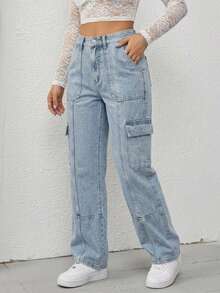 Pantalones vaqueros con diseño de costuras segmentadas en piernas, bolsillos grandes en el frente, corte favorecedor compatible con todo tipo de prendas superiores - Lavado ligero - Ver 3