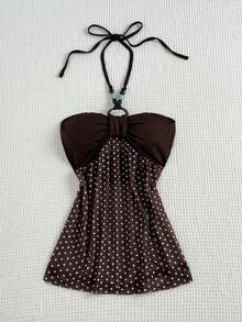SHEIN EZwear 复古美式时尚棕色波点图案，饰以独特串珠圆环，夏季假日海滩度假时尚派对女式背心 - 棕色 - 查看 1