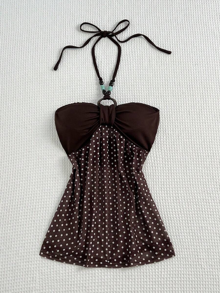 SHEIN EZwear 复古美式时尚棕色波点图案,饰以独特串珠圆环,夏季假日海滩度假时尚派对女式背心 - 棕色 - 查看 1