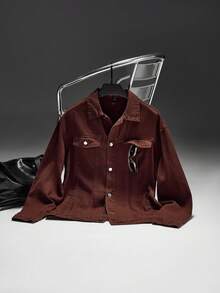 Zorclune Men Loose Fit Long Sleeve Cotton Solid Color Front Button Casual Denim Jacket, For Fall - Coffee Brown - View 1