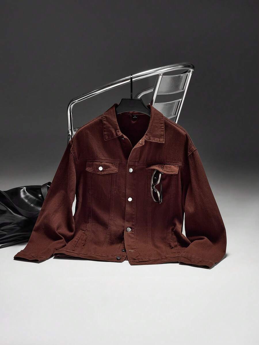 Zorclune Men Loose Fit Long Sleeve Cotton Solid Color Front Button Casual Denim Jacket, For Fall - Coffee Brown - View 1
