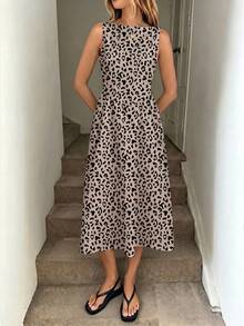 SHEIN LUNE Retro Leopard Print Round Neck Sleeveless Fitted A-Line Midi Dress - Multicolor - View 4