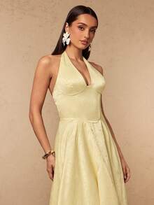 Silquee This Pale Yellow, Backless, Belted A-Line Elegant Party Dress Is Perfect For Romantic Dates, Beach Vacations, Weddings, Dinners, And Other Occasions, - Light Yellow - View 4